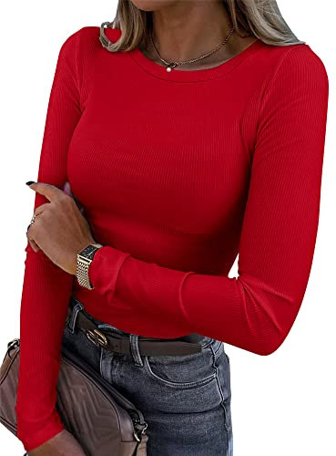 Smile Fish Womens Long Sleeve Stretch Crewneck Ribbed T-Shirt Fitted Casual Basic Tops, Red L