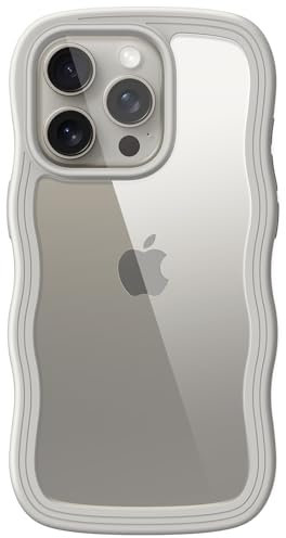 JETech Cute Case for iPhone 15 Pro Max 6.7-Inch, Wave Frame Curly Shape Shockproof Phone Cover for Women and Girls, Clear Hard PC Back (Natural Titanium)