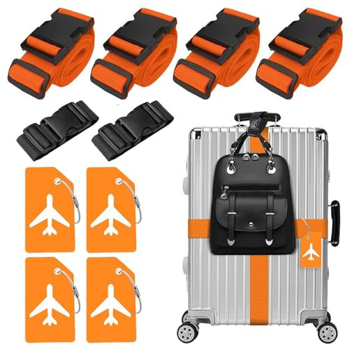 4 Stück Koffergurt & 4 Stück Kofferanhänger & 2 Stück Fügen Sie Eine Tasche Gepäckgurte Hinzu, Kofferband Gurt, Einstellbare Kofferbänder, Auffällig Luggage Strap für Koffer (Orange)