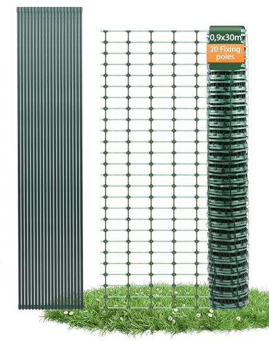 Ezcasch 30m Mobiler Begrenzungszaun Hühnerzaun (100g/㎡ 0.9m Hoch) Camping Hundezaun Gartenzaun Schneidbarer Absperrzaun für Kleintiere Geflügelzaun inkl. 20x Stahlpfähle & 100x Kabelbinder