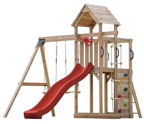 AXI Moos Casetta in Legno Bimbi Completa, 2 Altalene, Scivolo Rosso, Scala di corda/Parco giochi all'aperto con Altalene/Sabbiera/Muro di Arrampicata | Casetta in legno da esterno su palafitte.