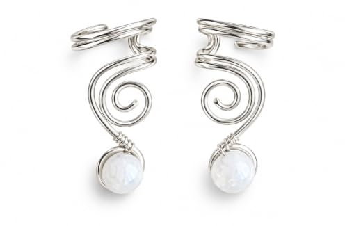 Ear Cuff Vortex mit echtem Mondstein Kupferdraht silberfarben Ohrklemme Ohrschmuck Ohrmanschette kein Piercing
