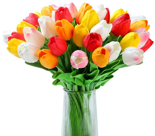 AWARDSEN Künstliche Tulpen, 35,6 cm, künstliche Blumen, Ostern, fühlen sich echt an, für Muttertag, Hochzeit, Blumenstrauß, Frühling, bunt, 20 Stück
