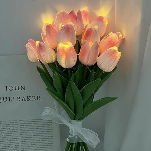 EONANT 15pcs Tulpe künstliche Blumen mit LED-Leuchten, Real Touch Tulip Bouquet, batteriebetrieben Weihnachten Urlaub Hochzeit Fotografie Home Dekoration kreative Geschenke (Rosa, 15PCS)