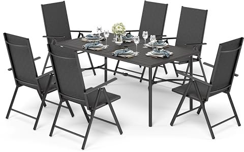 PHIVILLA Gartenmöbel Terassenmöbel Set 6 Personen, 6X Verstellbar mit 7 sitzpositionen Aluminium Gartenstühle Klappbar, Gartentisch mit Stühlen Sitzgruppe Garten Schwarz