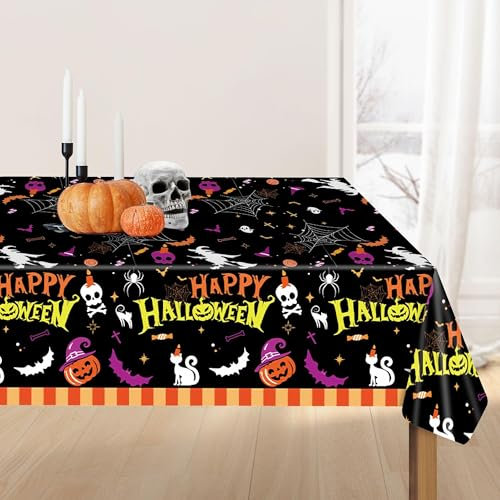 Sundonix Halloween Table Cloth Cover Plastic - 137x274CM Black Paper Halloween Pumpkin Skull Tablecloth Decorations Wipe Clean Large(1 PCS)