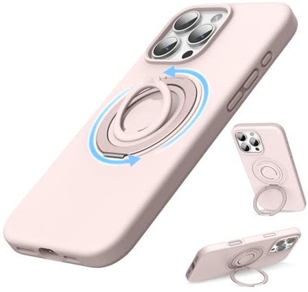 SURPHY Design for iPhone 16 Pro Case, with 360° Rotatable Magnetic Stand & Finger Ring, Liquid Silicone Phone Case for iPhone 16 Pro 6.3 inch 2024, Light Pink