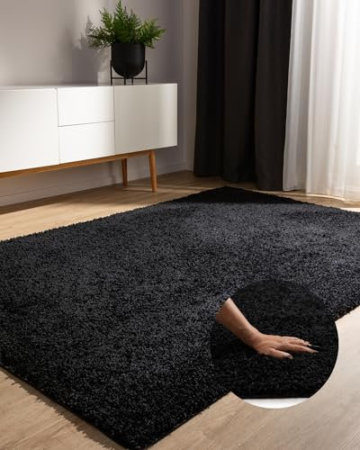 benuta Basic Hochflorteppich Teppich Wohnzimmer Sohari - Schwarz 80x150 cm - Minimalistischer Look - Weich & Waschbar - Für Schlafzimmer, Flur oder Esszimmer - Geeignet für Fußbodenheizung