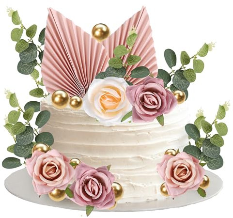 Xsstarmi 22 Packung Tortendeko Rosa Rose Tortenaufsatz Kunstblume Eucalyptus Globulus Kuchen Topper für Hochzeit Valentinstag Geburtstag Jubiläum Zubehör für Party Kuchen Dekorationen Rosa