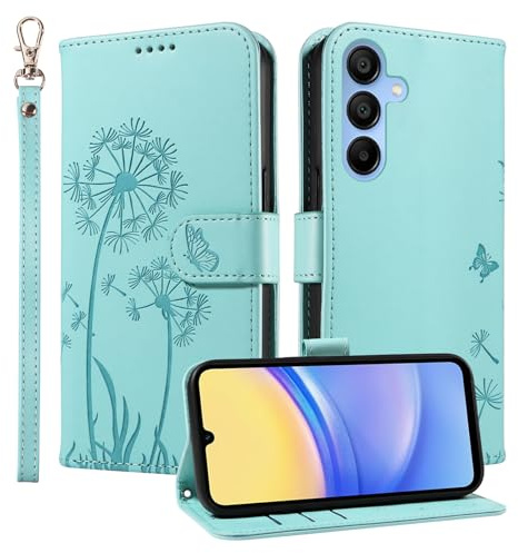 Trugox Handyhülle für Samsung Galaxy A15 4G 5G Klapphüll Löwenzahn Hülle Klappbare mit Kartenfach Handytasche Schutzhülle Handy Tasche Leder Wallet Flip Case Cover - Grün