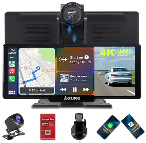 ACAVICA Wireless Carplay Android Auto Display mit 10,26 Zoll Tragbares Autoradio 4K Dashcam Vorne 1080P Rückfahrkamera Bildschirm Bluetooth WiFi Mirror Link 64GB TF Karte (10,26 Zoll Carplay Screen)