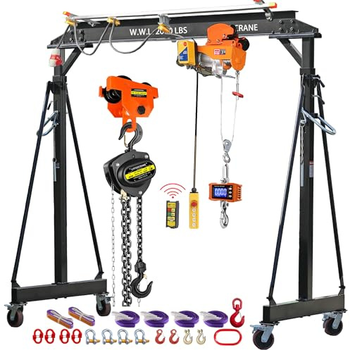 Electrical Gantry Crane 2000 LBS - 8.53 FT Wide，Adjustatable Crane with Electrical Hoist, Garage Crane 1T with Manual Hoist, Trolley, Scale, Sling, Shackle, Hook, Hammerlock Coupling (8.5 FT Width)