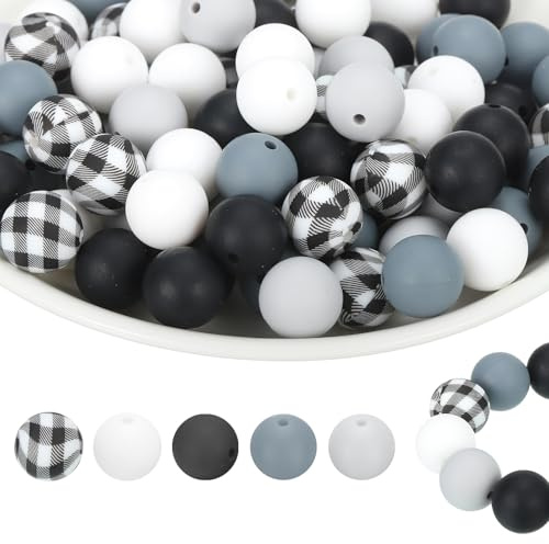 PATIKIL 100Pcs Silicone Beads Bulk, 5 Color 15mm Silicone Round Focal Loose Beads for Keychain Pens Bracelets Necklace DIY Crafts Making (White/Grey/Black/Plaid)