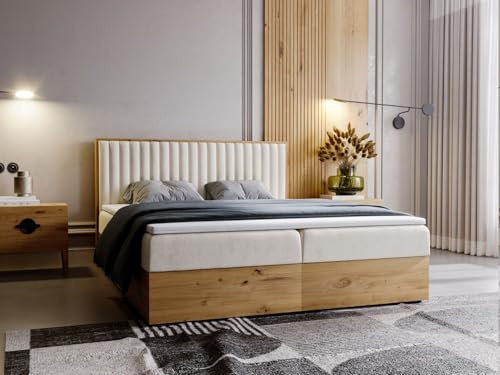 GRAINGOLD Forest Bett 180x200, Boxspringbett mit Bettkasten, Polsterbett mit Bonell-Matratze, Samt Stoff, mit Topper, mit Kopfteil (Beige, 180x200)