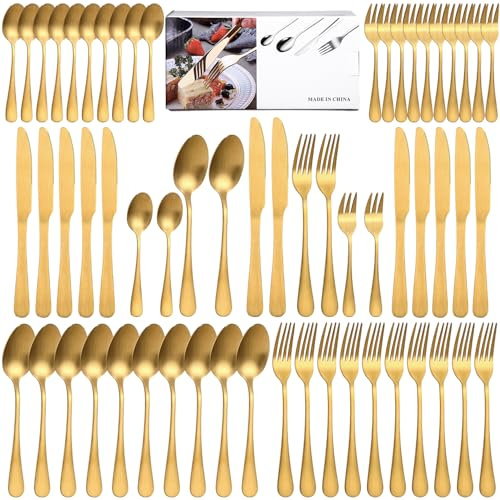 Set di posate da 60 pezzi, posate dorate per 12 persone, finitura oro opaco, anti-impronte, lavabili in lavastoviglie, posate in acciaio inox, ideali per casa, banchetti e ristoranti