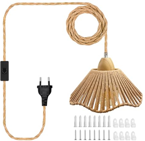 510 CM Kit de Lámpara Colgante de Cuerda de Cáñamo con EU Enchufe, Lámpara de Araña con Pantalla de Cuerda de Cáñamo Tejida a Mano, Portalámparas de Madera E26 E27 Boho Lámparas Colgantes DIY