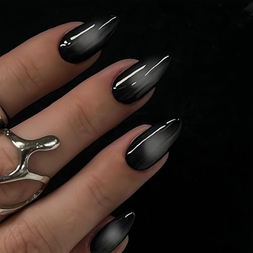 KQueenest Blush Black Press on Nails Medium Almond, French Tip False Nails Stiletto, Gradient White Black Fake Nails Press ons, Perfectly Fit, Reusable Gel Stick on Nail for Women 24 Pcs