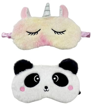 2 Stück Süße Schlafmaske, Einhorn Panda Plüsch Augenmaske für Schlafen, 3D Weiche Reisen Augenabdeckung Lustige Augenmaske für Kinder Erwachsene, Cartoon Augenbinde für Mädchen Jungen Nickerchen