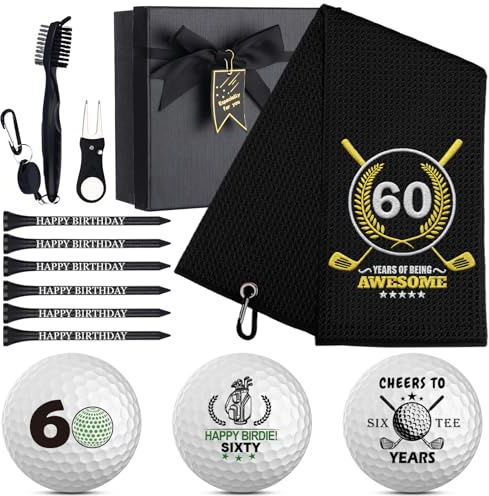 CGFN 60th Birthday Gifts for Men,Microfiber Embroidered Golf Towels,Golf Cleaning Kit,Include Towel Ball Tees Divot Tool Cleaner Brush for Men,Golf Lovers,Husband,Dad,Grandpa (60th)