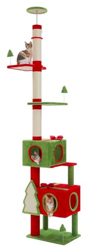 Christmas Cat Tree, Floor to Ceiling Cat Tower Adjustable 90.9-107.8, with Large Condos, 4 Thick Sisal Posts, Scratching Pad, Red Bows and Hanging Toys for Indoor Cats