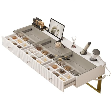 HAINEW Sminkbord Frisiertisch med glasplatta och 3 lådor, Väggmonterad kosmetikbord Make-up bord Toalettbord med kopphållare, Vit, 120×40×45 cm, HD26012707
