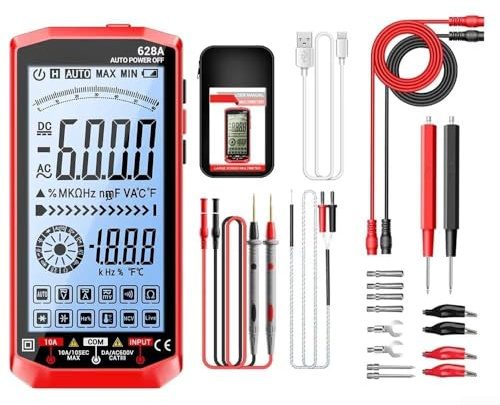 628A Digital Cordless Multimeter with Large Backlight LCD Display and USB C Rechargeable Battery for Testing Car Batteries, Alternators and Circuits (628A red Pro)