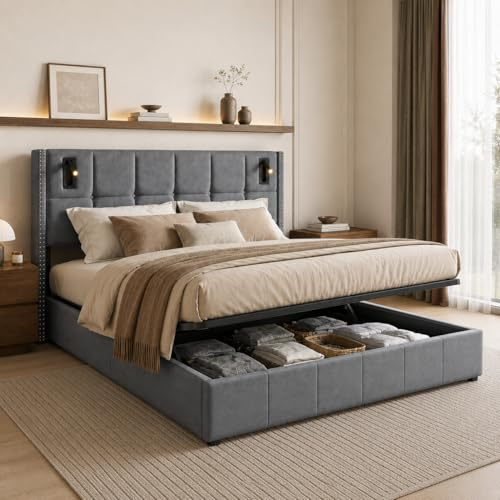 Hoscullo Hydraulisches Bett 140x200, Polsterbett mit Stauraum und Leseleuchten, Stauraumbett Doppelbett mit Bettkasten, Jugendbett mit gepolstertem Kopfteil, Samt, Grau