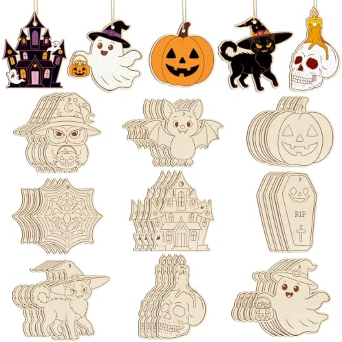 36Pcs Wooden Halloween Crafts for Kids 9 Styles Unfinished DIY Halloween Crafts Decorations Wood Skull Pumpkin Ghost Bat Blank Hanging Gift Tags Ornaments for Kids Party Favor Supplies