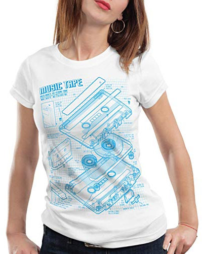 style3 Tape Blaupause Damen T-Shirt dj musikkassette Turntable Retro, Farbe:Weiß, Größe:L