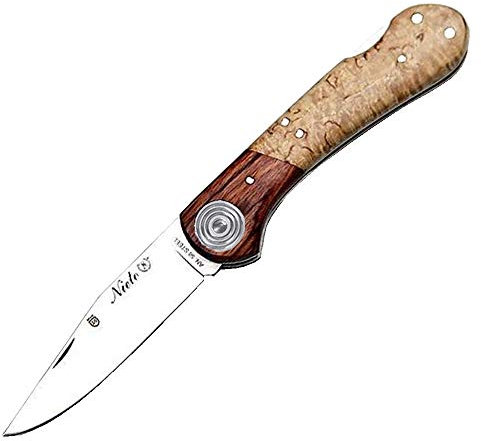 MIGUEL NIETO Navaja Coyote 046 de 18,5 cm, con Hoja de Acero AN-58 de 8 cm y Mango de Virola de Palo Violeta y cachas de Abedul Rizado, Sistema de Cierre de Bloqueo