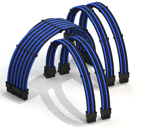 LINKUP - AVA 50cm PSU Kabelverlängerung Ummantelt GPU Nach Maß PC Stromversorgung mit Kamm-Kit | 1x 24 P (20+4) | 2X 8 P (4+4) CPU | 2X 8 P (6+2) GPU Set | 500mm - Blau Schwarz