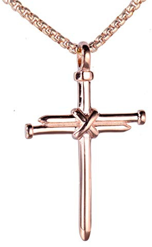 HIJONES Unisex in Acciaio Inox Chiodo Croce Ciondolo Collana Catena di 22 Pollici Oro Rosa