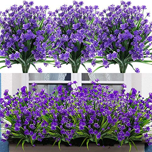 Leixi Artificial Flowers, 6pcs Fake Outdoor UV Resistant Plants Faux Plastic Greenery Shrubs Indoor Outside Hanging Planter Home Kitchen Office Wedding Garden Decor (Purple)