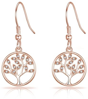 Boucles d'Oreilles Pendantes Arbre de Vie Plaqué Or Rose Créées avec des Cristaux de Zircondia®