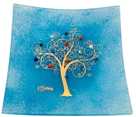 Sospiri Venezia Plateau pour Objets Personnels Arbre de Vie en Verre de Murano avec Murrines et Or Idée de Cadeau Plat Décoratif Fabriqué en Italie Organisateur Ornement de Bureau Souvenir (29x29 cm)