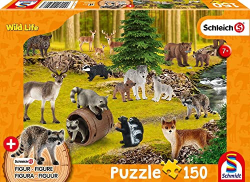 Schmidt Spiele 56406 Schleich Wild Life, Bei den Waschbären, 150 Teil Kinderpuzzle, mit Original Figur, Bunt