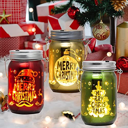 MJ PREMIER Christmas Lanterns, Pack of 3 LED Lanterns, Battery Operated with Timer, Mason Jar Lights for Christmas & New Year Celebration