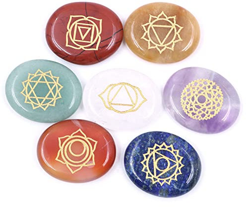 Tiardey Healing Stones - 7 Pierres gravées Rondes polies Reiki Guérison Crystal Balance Chakras Holistic Stones-7 Personnages sculptés en Or Chakra Stones
