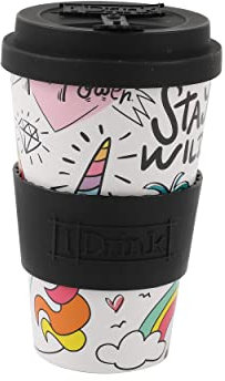 IDRINK®- Tazza in RPET per caffé con tappo in silicone apribile, facile da portare 435 ml, Mug takeaway plastica riciclata 8.7 x 8.7 x 15 cm ergonomica 435 ml (UNICORN)