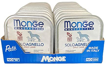 Monge Monoprotein Nassfutter für Hunde nur Lamm, natürlich ohne Farbstoffe, Konservierungsstoffe und Zuckerzusatz, Packung mit 24 Schalen (1 = 150 g)