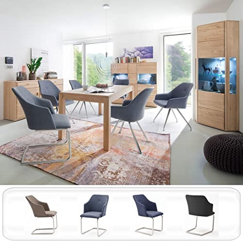 expendio Esszimmer Torrent 148 Eiche Bianco massiv + Stühle Marion B3 Kunstleder graublau LED Eckschrank Esszimmerschrank Sideboard Highboard, Anzahl Stühle:mit 4 Stühlen