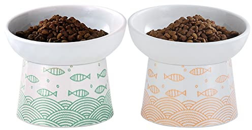 OMAYKEY Ceramic Raised Cat Bowls, Elevated Tilted Cat Food and Water Bowl Set, Porcelain Stress Free Pet Feeder Dish for Cats and Small Dogs, Dishwasher and Microwave Safe, Set of 2