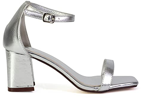 ESSEX GLAM Womens Low Mid Block Heel Sandals Ladies Strappy Ankle Strap Square Toe Heeled Sandals Size 3-8 Silver Metallic