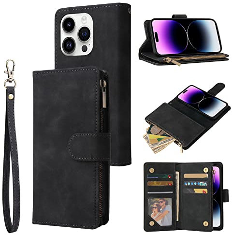 QLTYPRI Case for iPhone 14 Pro Max, Large Capacity Leather Wallet Case 6 Card Holder & 1 Zipper Pocket Kickstand Wrist Strap Magnetic Case for iPhone 14 Pro Max - Black