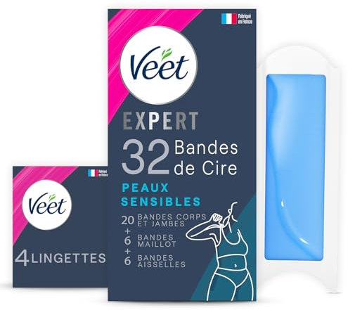 Veet EXPERT - 32 Bandes De Cire Froide Coffret Jambes, Maillot & Aisselles - Peaux Sensibles - Finition Parfaite - Epilation Longue Durée