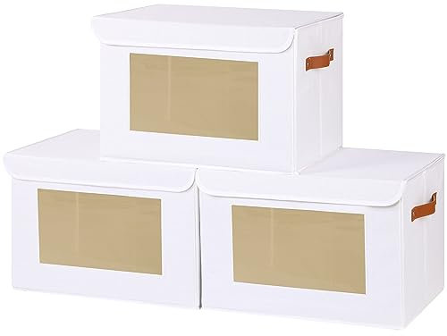 YheenLf 3 Stück Aufbewahrungsboxen, Schrank Organizer, Faltbare Stoffbox mit Deckel, Aufbewahrungsbox Kleiderschrank mit Transparentem Fenster, Kasten Boxen mit Griff, Weiß, 33x23x20cm
