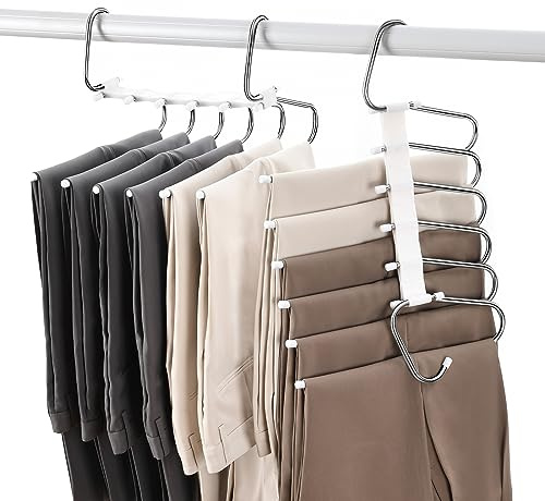 Fayleeko Verbesserte Hosenbügel, platzsparend, 6 Ebenen, Kleiderständer, Edelstahl, multifunktionaler Schrank-Organizer, rutschfeste Metallbügel für Hosen, Jeans, Röcke, Hosen (4 Stück)