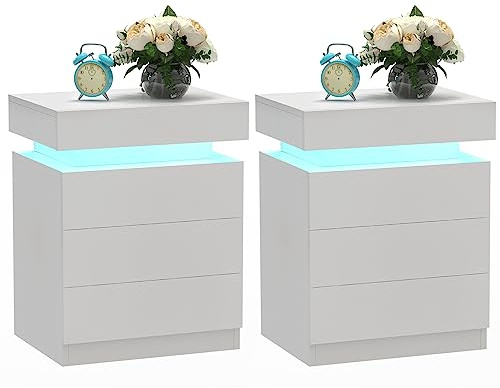 PIPIPOXER 2er Set Nachttisch Weiß mit 3 Schubladen, Nachttisch LED Nachtkommode und Weiß Hochglanz Kommode Nachtschrank Tisch, Led 16 Farben Beleuchtung Beistelltisch für Wohnzimmer, 45x35x61cm