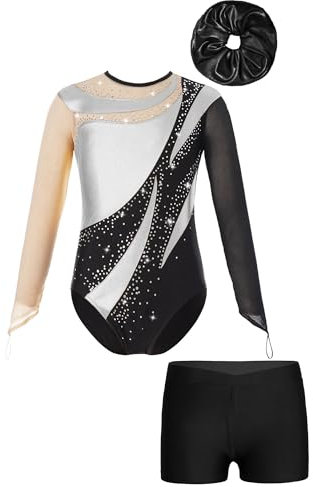 iiniim Kinder Mädchen Turnanzug Gymnastikanzug mit Shorts Haarband Glänzend Gymnastik Leotard Trikotanzug Wettbewerb Tanzkostüm Silber&Schwarz 170-176