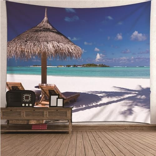 Skcess Wandteppich Strand, Wandteppich Mehrfarbig Strandliegen Am Meer Polyester Wandteppich 300X260CM